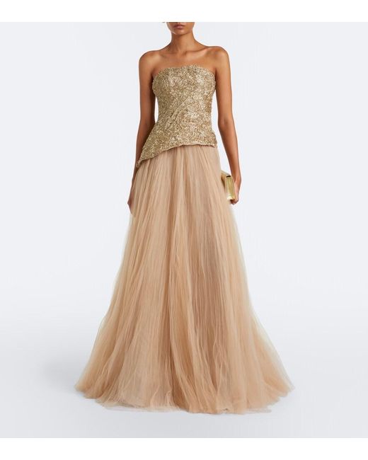 Marmar Halim Natural Embroidered Pleated Tulle Gown