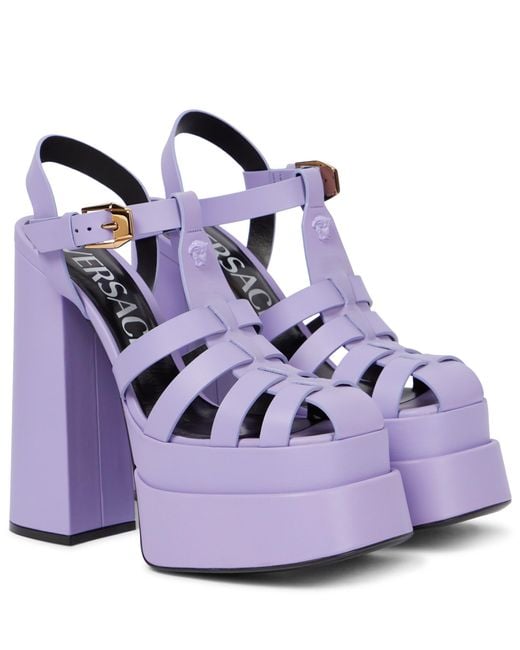 Versace La Medusa Leather Plateau Sandals in Purple