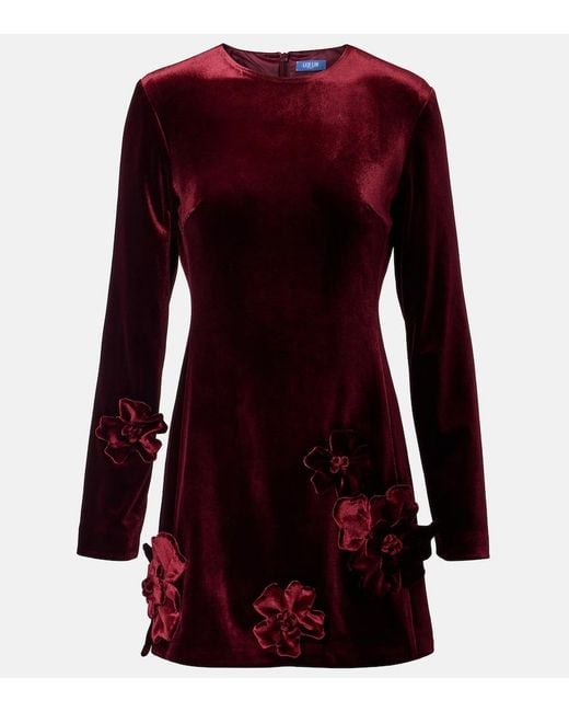 LEO LIN Red Aliza Floral-Applique Velvet Minidress