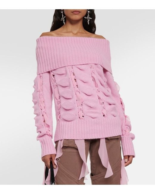 Blumarine Pink Rushed Off-Shoulder Wool Sweater