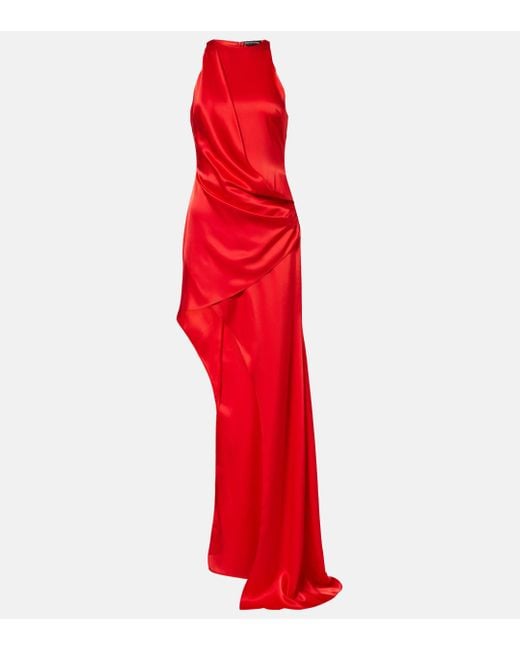 David Koma Red Asymmetric Draped Satin Maxi Dress