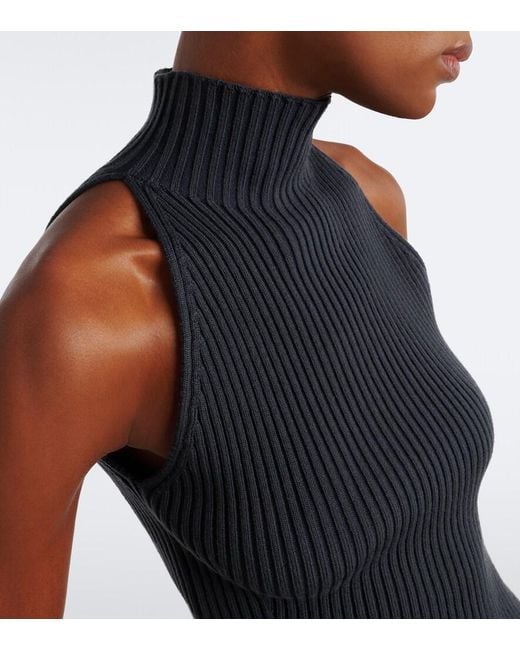 Alaïa Blue Ribbed-Knit Wool-Blend Turtleneck Top