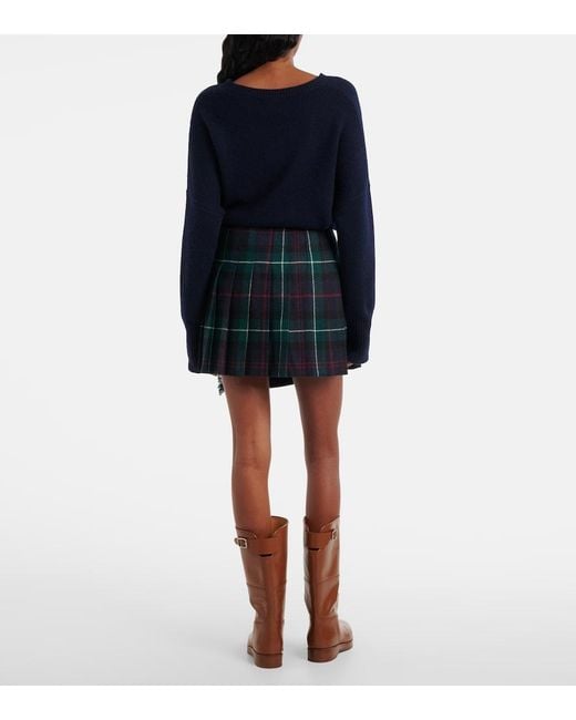 Polo Ralph Lauren Blue Plaid Pleated Wool Twill Wrap Skirt
