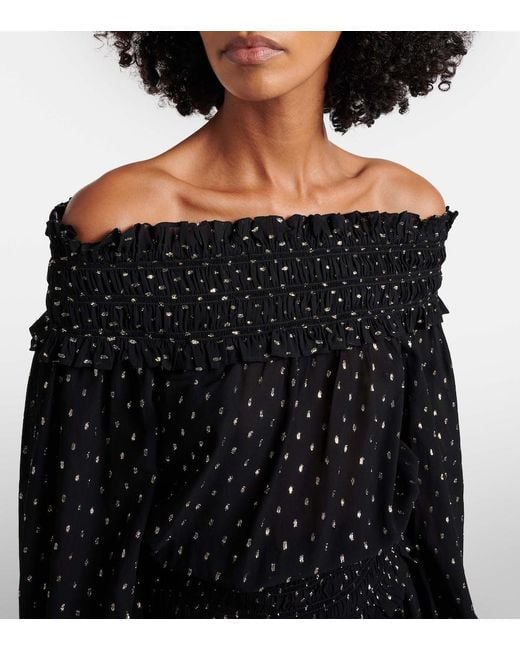 Self-Portrait Black Shirred Metallic-Effect Off-Shoulder Top