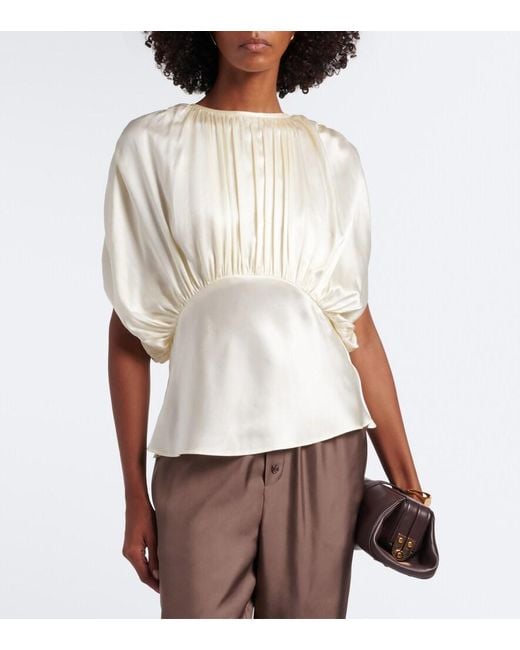 TOVE White Peta Draped Peplum Silk Satin Top