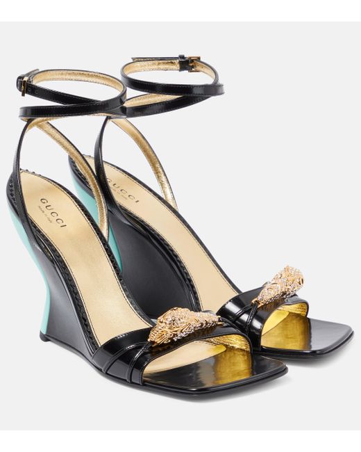 Gucci Blue Patent Leather Wedge Sandals