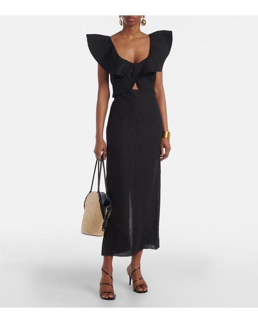 Johanna Ortiz Black Ruffled Midi Dress