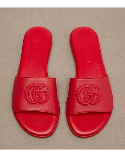 Gucci Red Double G Leather Slides