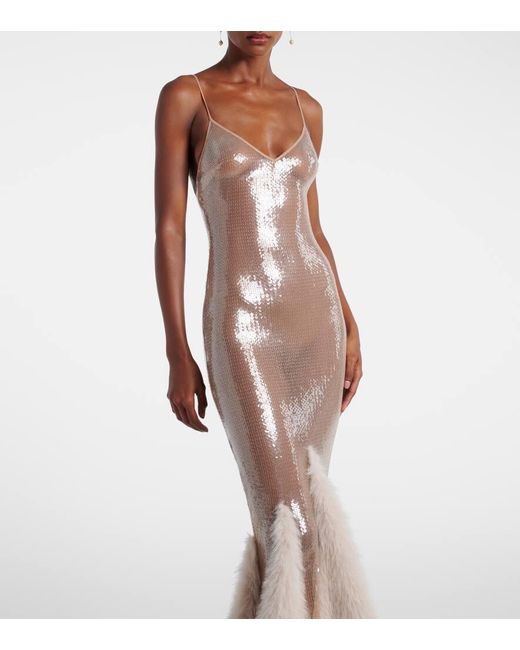 David Koma White Robe Mit Pailletten Und Faux Fur