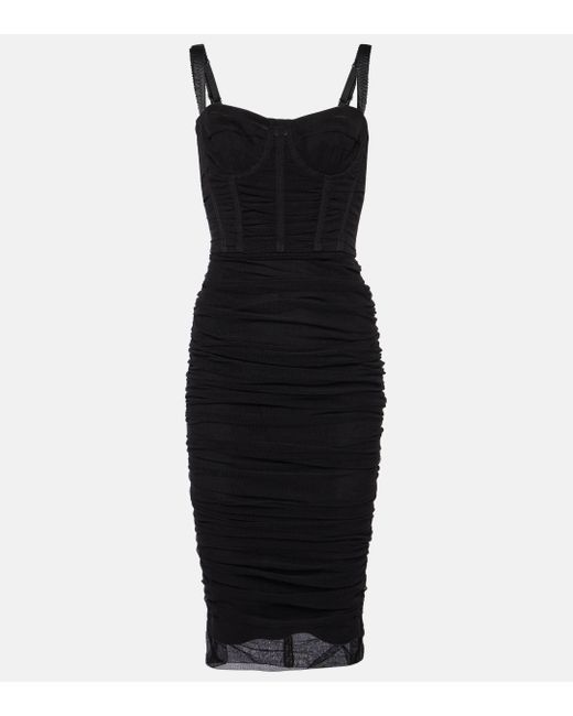 Dolce & Gabbana Black Ruched Tulle Midi Dress