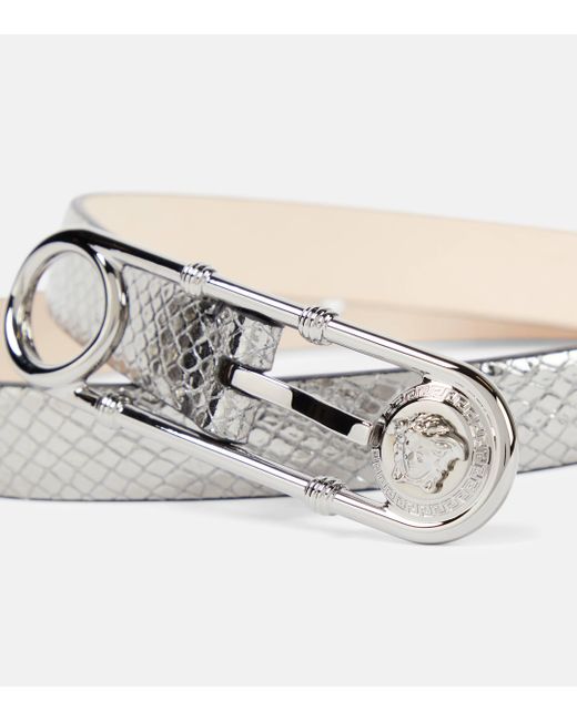 Versace Metallic Safety Pin Snake-effect Leather Belt