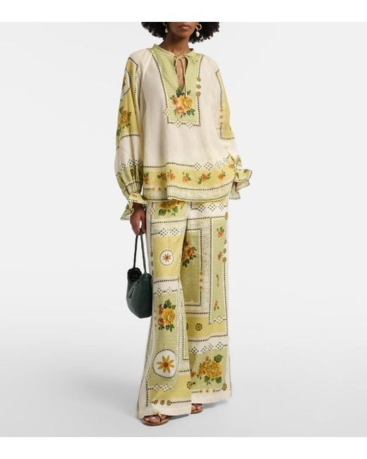 ALÉMAIS Metallic Dixie Printed Linen Wide-Leg Pants