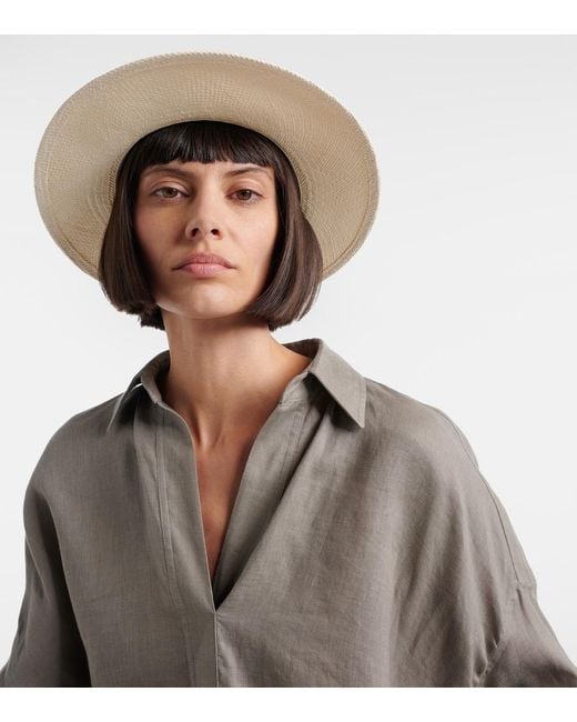 Brunello Cucinelli White Leather-Trimmed Straw Fedora Hat