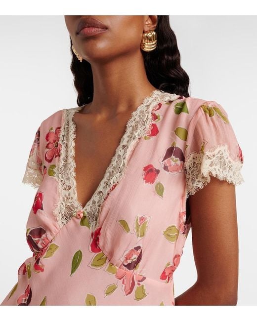 Rixo Pink Clarice Floral Lace-Trimmed Midi Dress