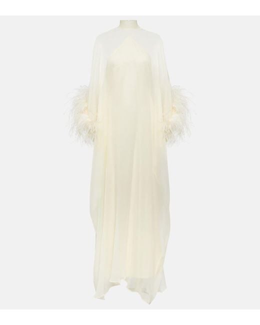 ‎Taller Marmo White Penelope Feather-trimmed Silk Kaftan