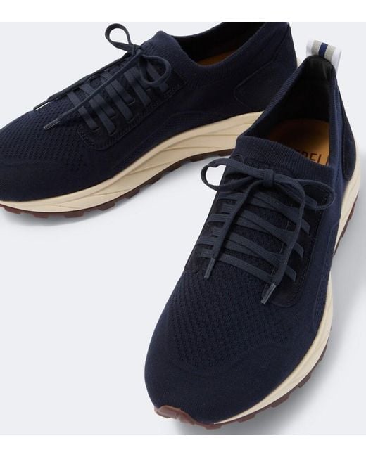 Fedeli Blue Knitted Suede-Trimmed Sneakers for men