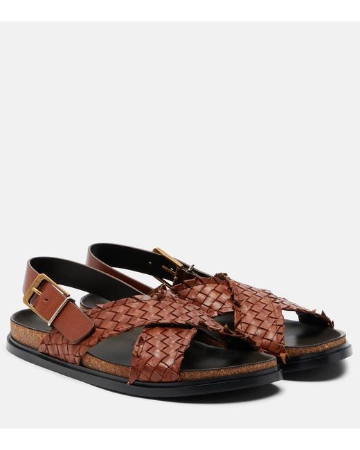 The Row Brown Buckle Woven Leather Sandals