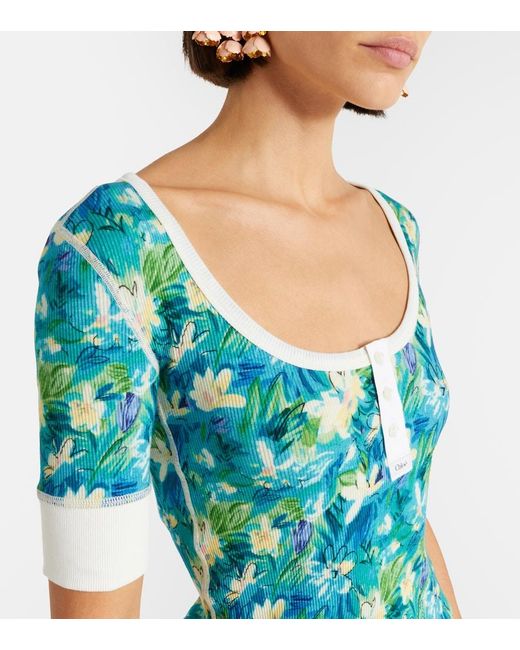 Chloé Blue Floral Ribbed-Knit Cotton-Blend Top
