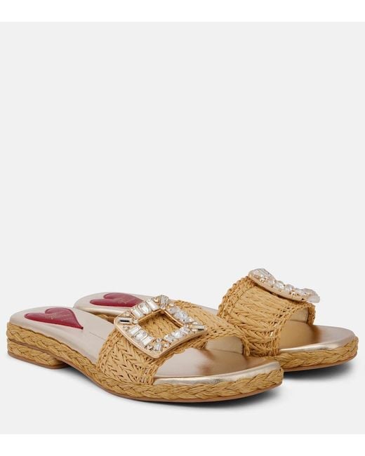 Roger Vivier Brown Crystal-Embellished Raffia Mules
