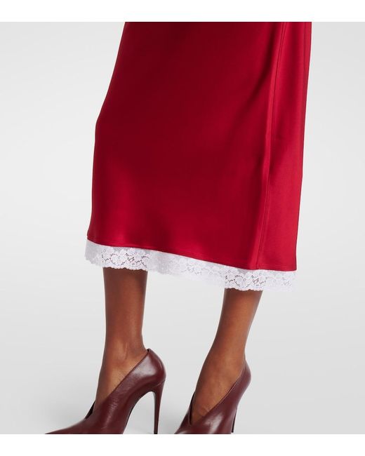Victoria Beckham Red Lace-Trimmed Satin Midi Skirt