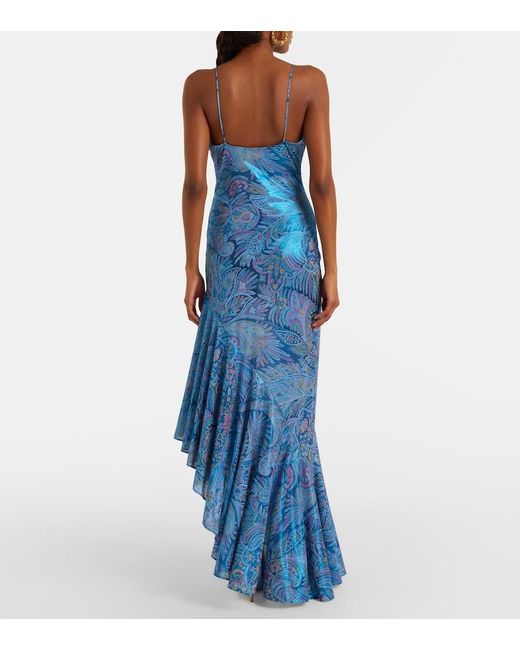 Etro Blue Paisley Asymmetric Ruffled Midi Dress