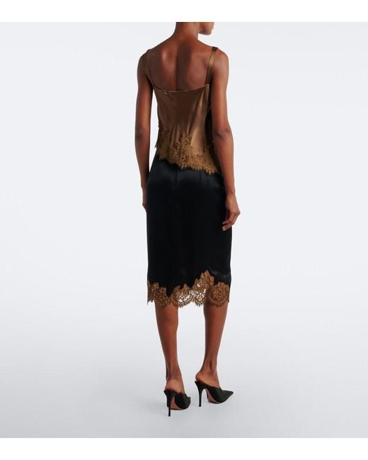 Dorothee Schumacher Black Shiny Statement Lace-Trimmed Satin Midi Skirt