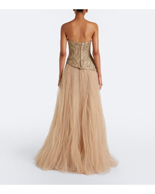 Marmar Halim Natural Embroidered Pleated Tulle Gown