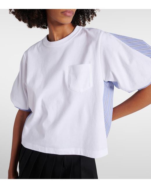 T-shirt in popeline e jersey di cotone di Sacai in White
