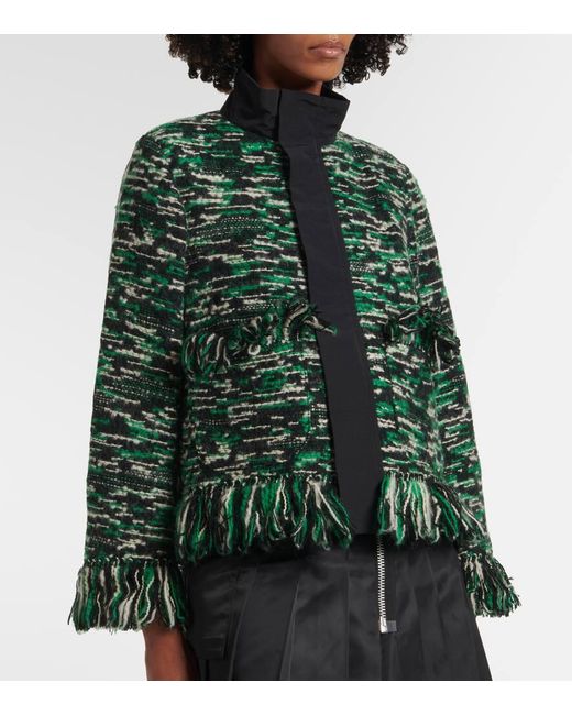Sacai Green Fringed Wool-Blend Tweed Jacket