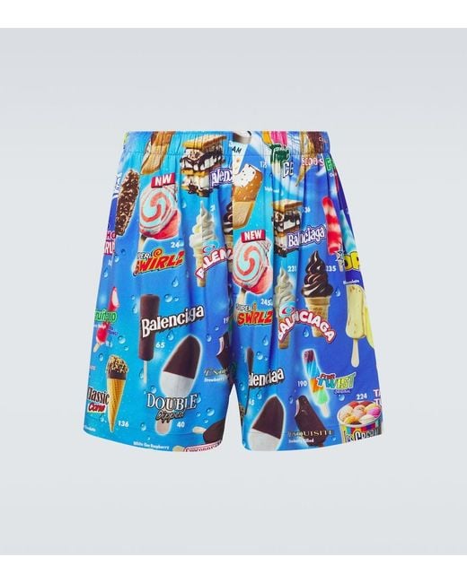 Balenciaga Blue Printed Satin Shorts for men