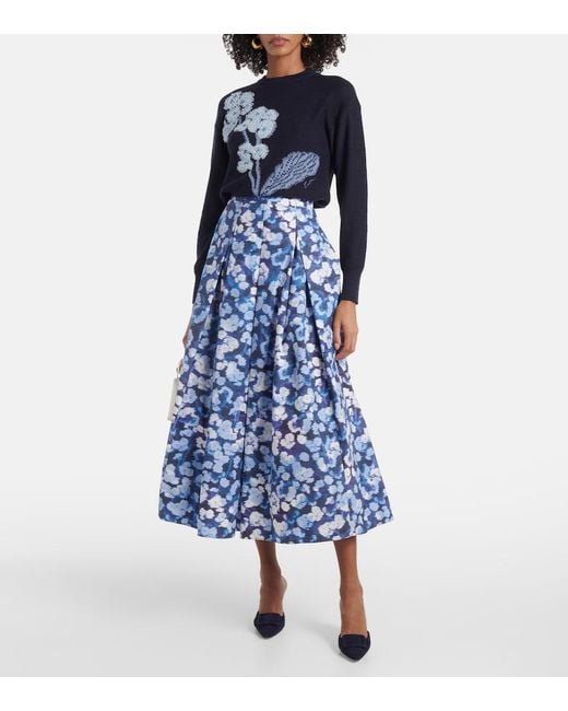 Erdem Blue Floral Pleated Cotton Midi Skirt