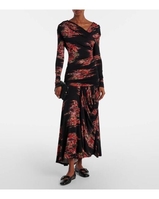Ganni Red Floral Ruched Jersey Maxi Dress