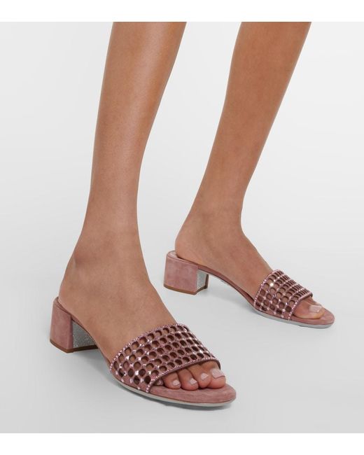 Rene Caovilla Pink Embellished Suede Mules
