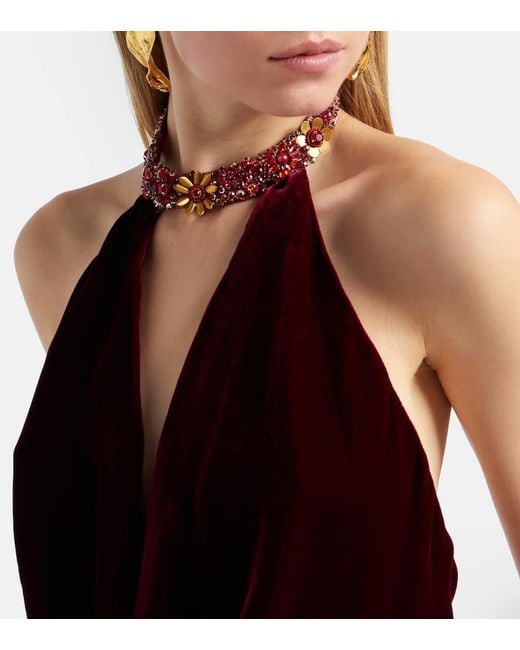 Costarellos Purple Draped Embellished Halterneck Velvet Gown