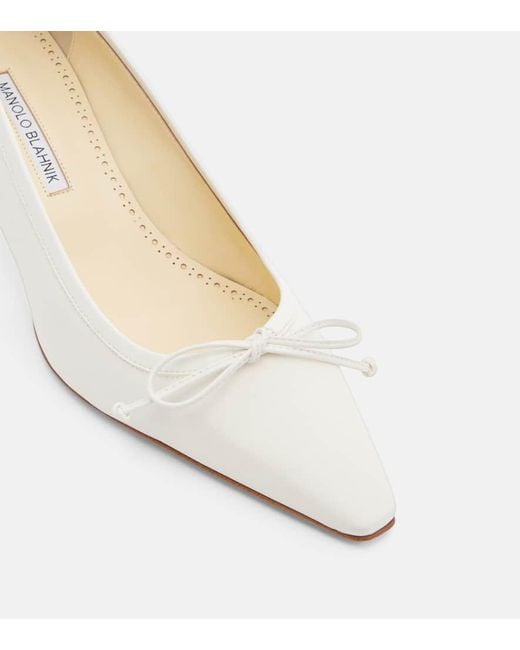 Manolo Blahnik White Martebal 50 Bow-Detail Leather-Trimmed Pumps