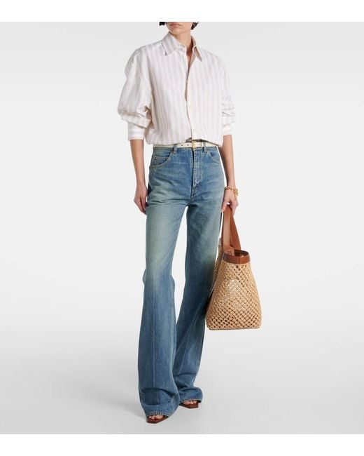 Saint Laurent Brown Y Leather-Trimmed Raffia Shopper