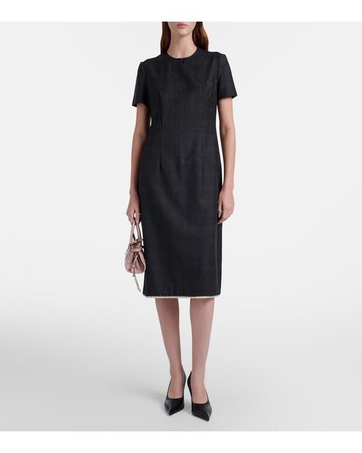 Prada Black Checked Virgin Wool Midi Dress