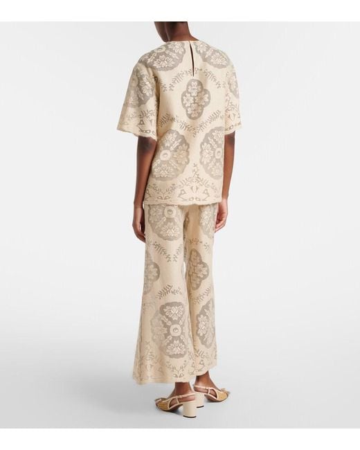 Valentino Natural Embroidered Cotton-Blend Wide-Leg Pants