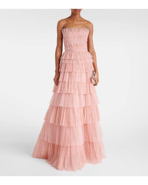 Costarellos Pink Trissa Plisse Tiered Tulle And Lace Gown