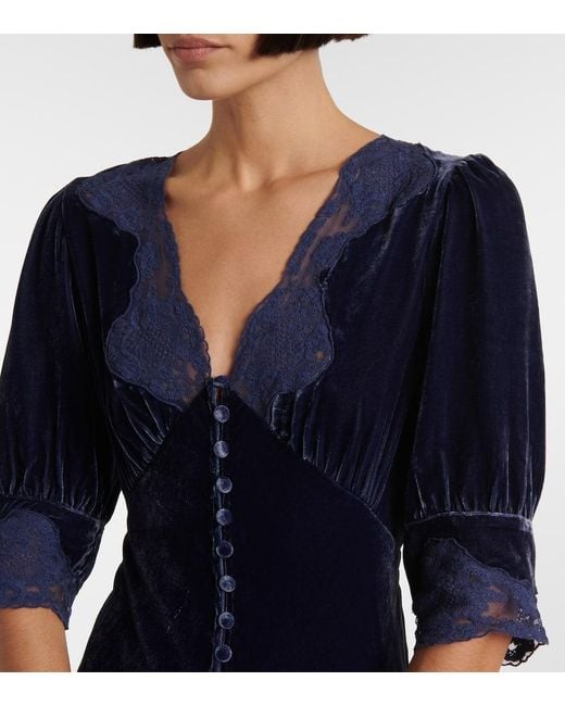 Rixo Blue Simone Lace-Trimmed Velvet Maxi Dress