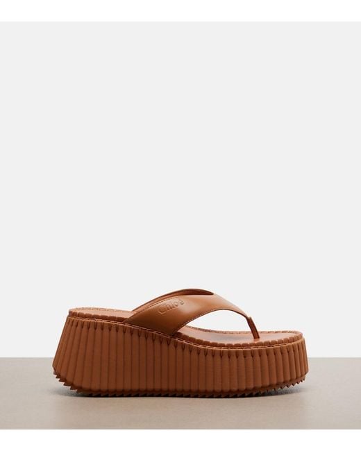 Chloé Brown Nama Leather Platform Thong Sandals