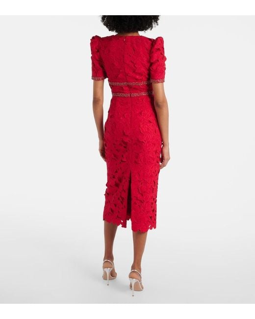 Rebecca Vallance Red Embellished Lace Midi Dress