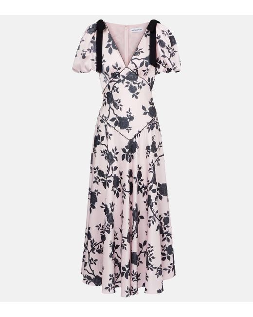 Self-Portrait White Floral Bow-Detail Satin Midi Dress