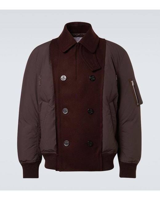 Sacai Brown Double-Breasted Wool Puffer Jacket for men