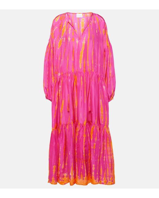 Anna Kosturova Pink Amelia Tie-Dye Tiered Silk Midi Dress