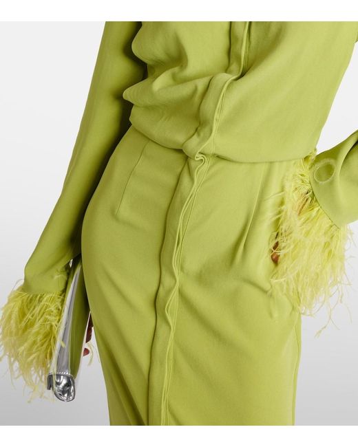 Roland Mouret Green Feather-Trimmed Crepe Satin Shirt Dress