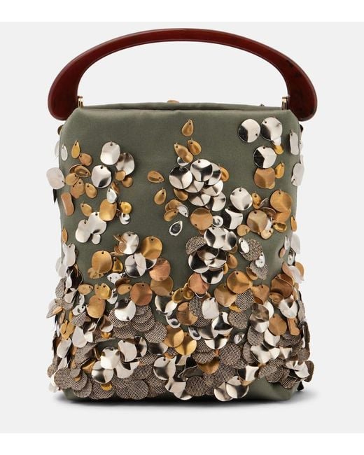 Dries Van Noten Green Small Embellished Satin Tote Bag