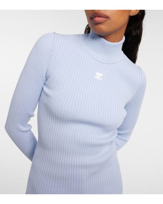 Courreges Blue Logo Ribbed-knit Turtleneck Sweater