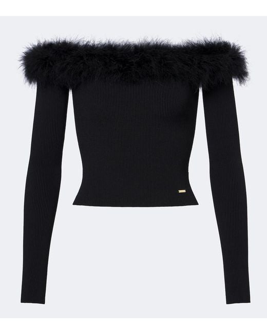 Gucci Black Feather-Trimmed Ribbed-Knit Top