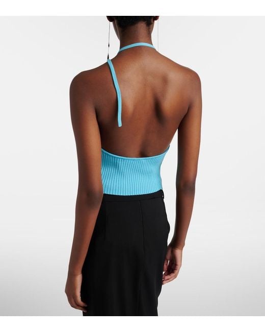 Courreges Blue Pointy Ribbed-Knit Halterneck Top